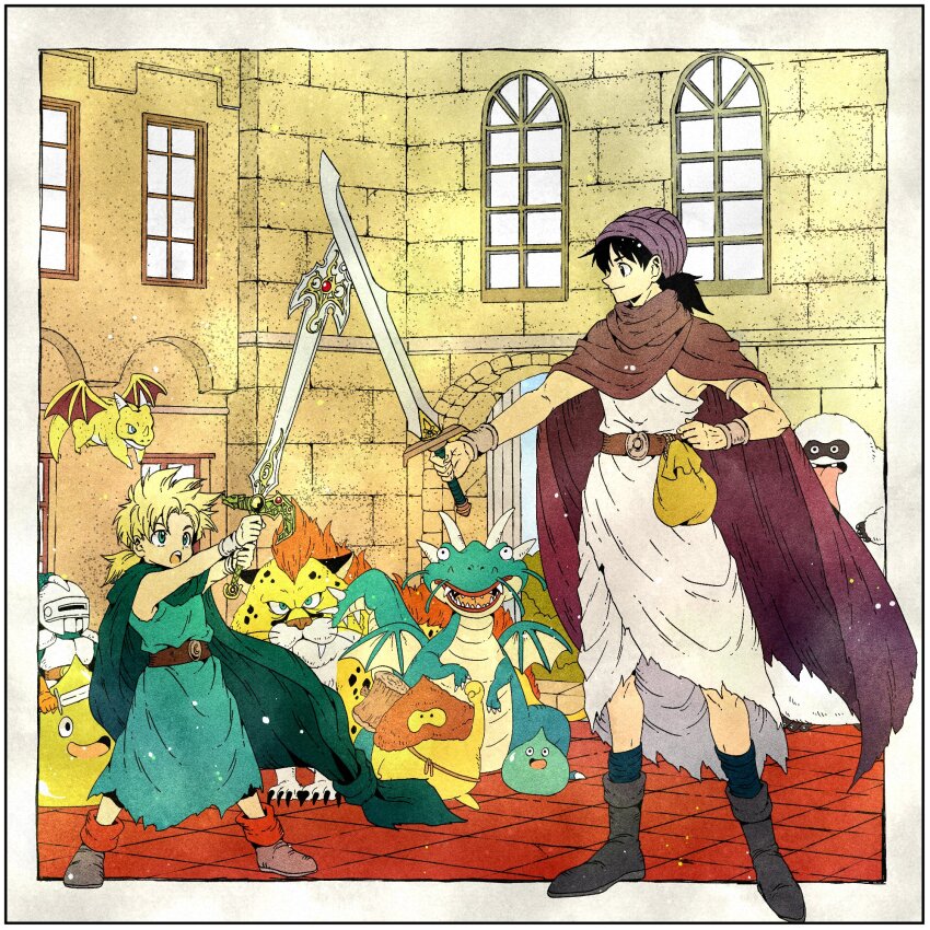 2boys, back, belt, black_hair, blonde_hair, blue_eyes, blue_tunic, boots