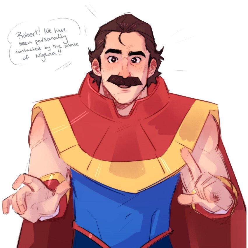 1boy, beard, biceps, cape, commentary, dispatch, english_commentary, english_text, facial_hair, highres, looking_at_viewer, male_focus, muscular, muscular_male, noodles-and-tea, open_mouth, phenomaman_(dispatch), red_cape, smile, speech_bubble, superhero_costume, swept_bangs