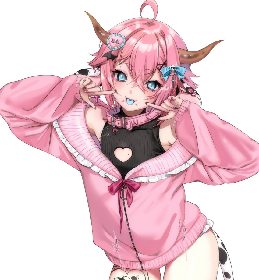 1boy, ahoge, animal_ears, black_nails, black_shirt, blue_eyes, blue_tongue, blush