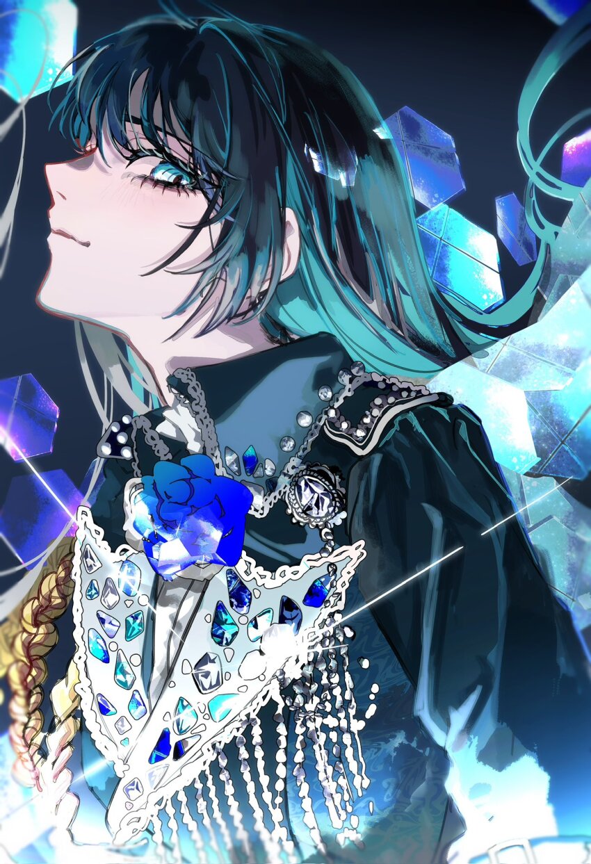 1girl, ado_(utaite), blue_eyes, blue_gem, blue_hair, blue_jacket, blush, chando_(ado)