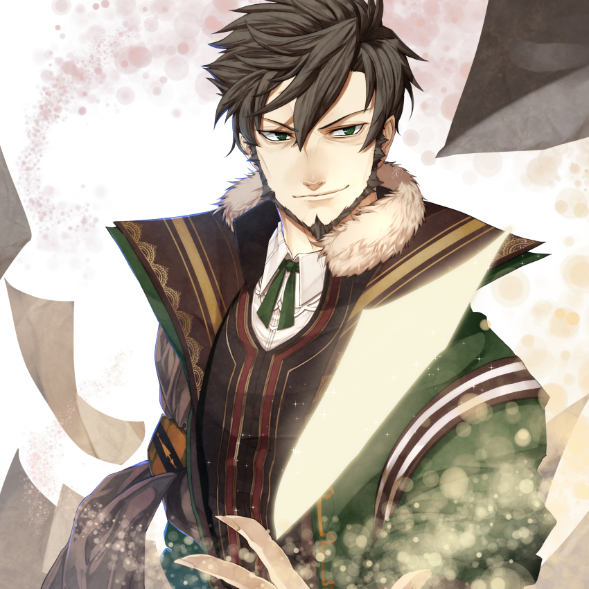 1boy, assan_(kagokamisan), beard, brown_hair, closed_mouth, coat, collared_shirt, facial_hair