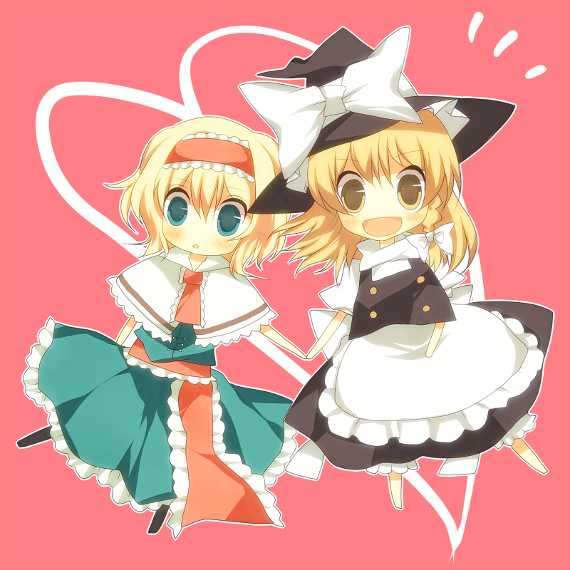 2girls, alice_margatroid, blonde_hair, blue_eyes, chibi, female_focus, hairband, kirisame_marisa