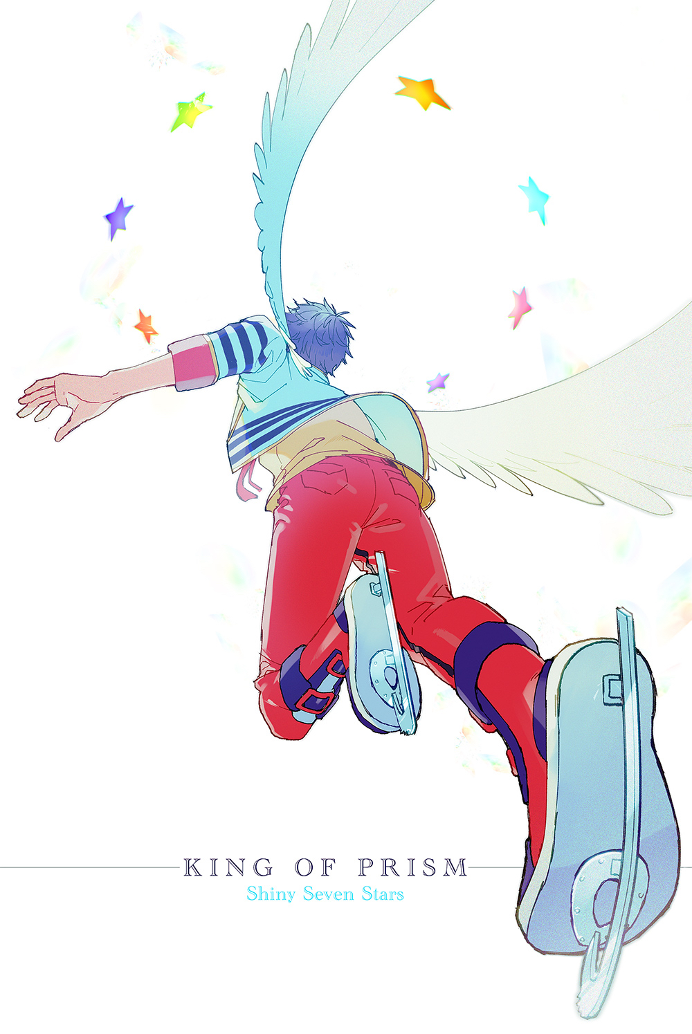 1boy, blue_hair, commentary_request, copyright_name, feathered_wings, flying, from_behind, from_below