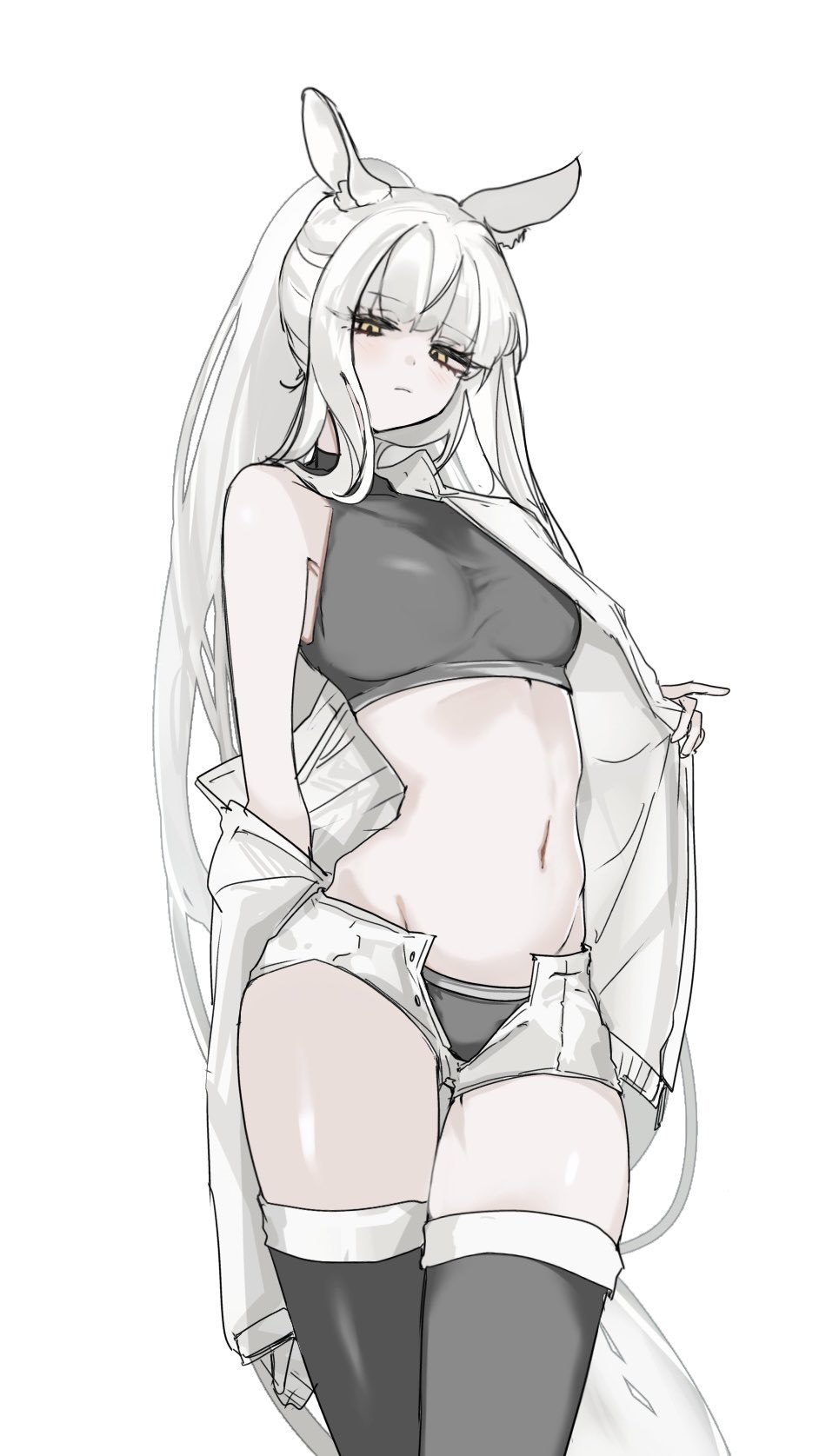 1girl, animal_ears, arknights, black_panties, black_sports_bra, black_thighhighs, breasts, closed_mouth