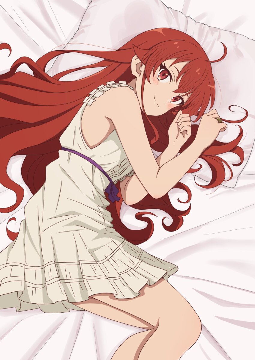 1girl, ahoge, bare_shoulders, bed_sheet, blush, camisole, chemise, closed_mouth