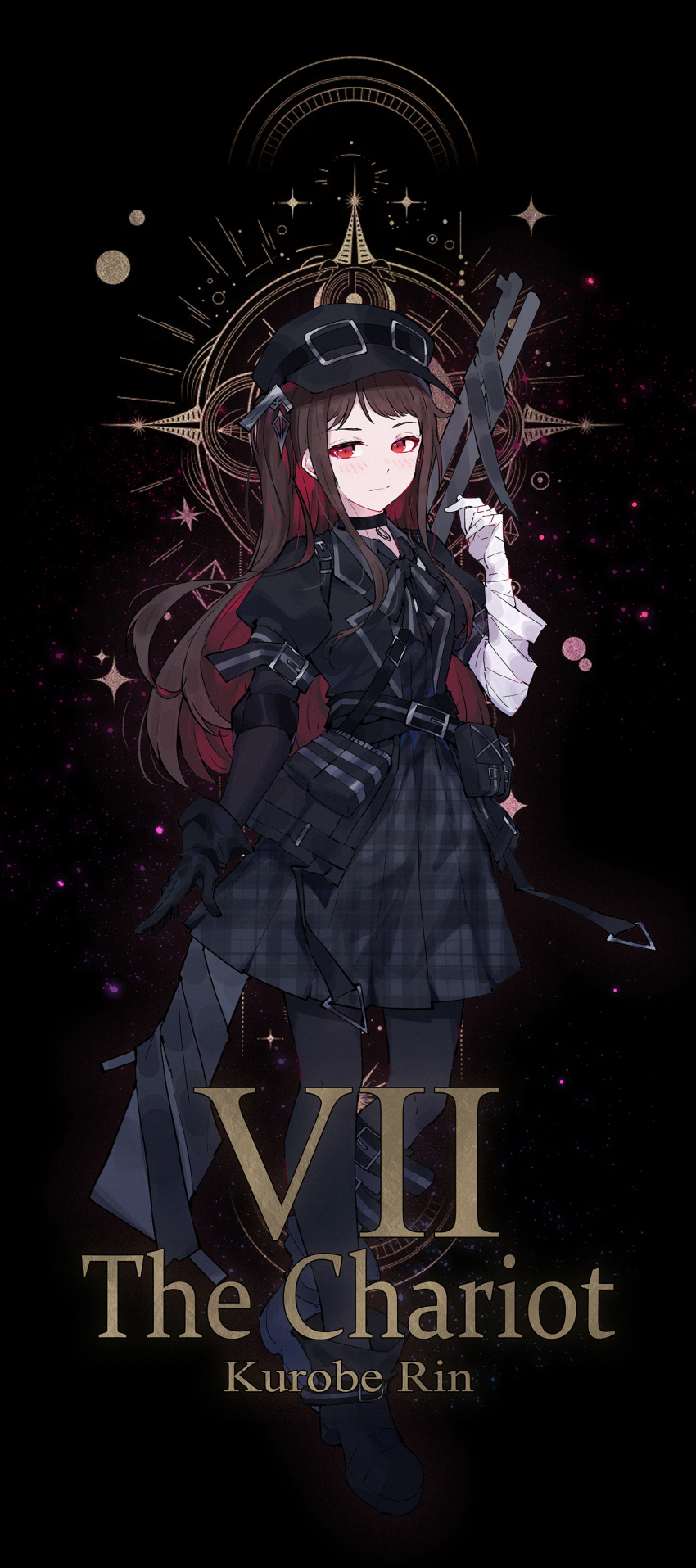 1girl, absurdres, bandaged_arm, bandages, black_background, black_boots, black_gloves, black_hat, black_pantyhose, black_skirt, boots, braid, brown_hair, chinese_commentary, colored_inner_hair, commentary_request, cosplay, full_body, girls_band_cry, gloves, gun, hat, highres, kurobe_nanoka, kurobe_nanoka_(cosplay), mahou_shoujo_no_majo_saiban, multicolored_hair, one_eye_closed, pantyhose, plaid_clothes, plaid_skirt, pleated_skirt, red_eyes, red_hair, rin_(girls_band_cry), simple_background, single_braid, skirt, solo, unmoving_pattern, weapon, yun_cao_bing