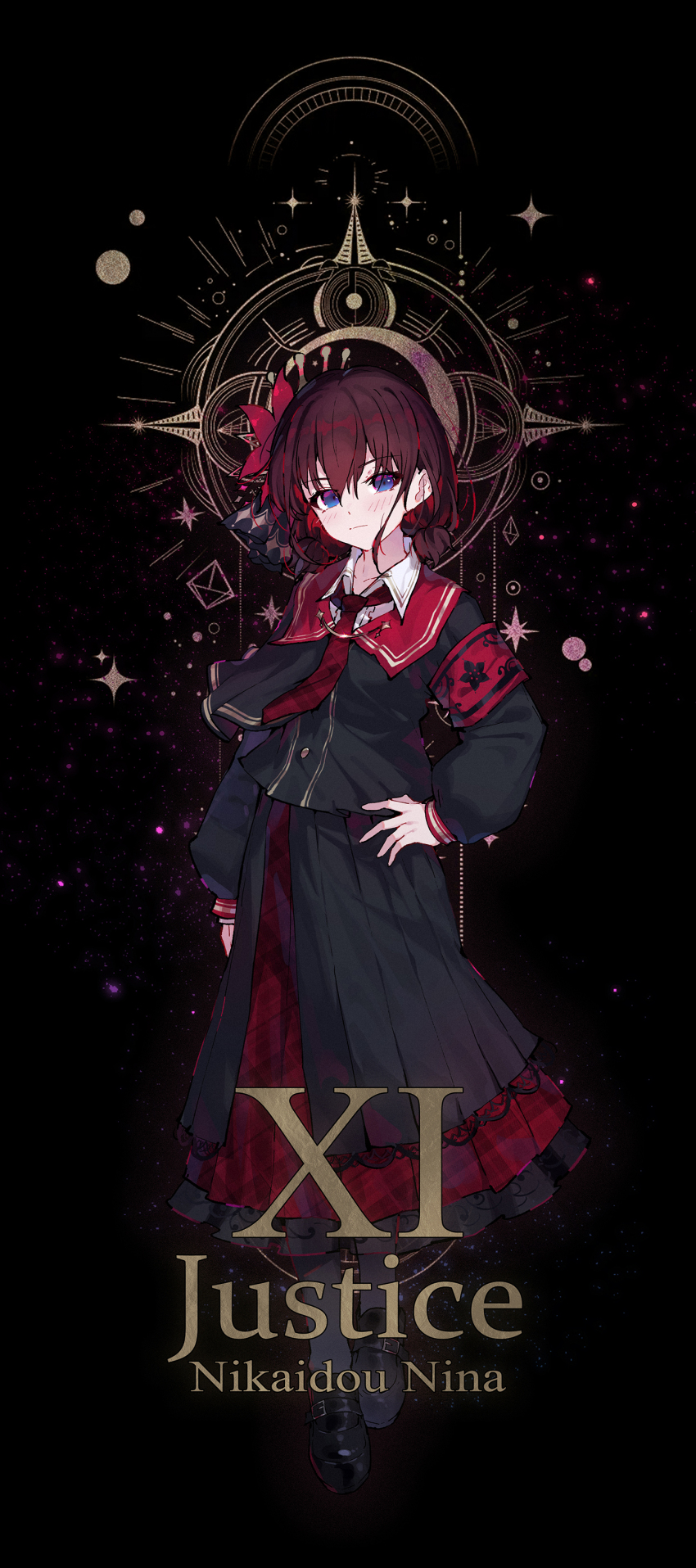 1girl, absurdres, armband, black_background, black_pantyhose, black_shirt, black_shoes, black_skirt