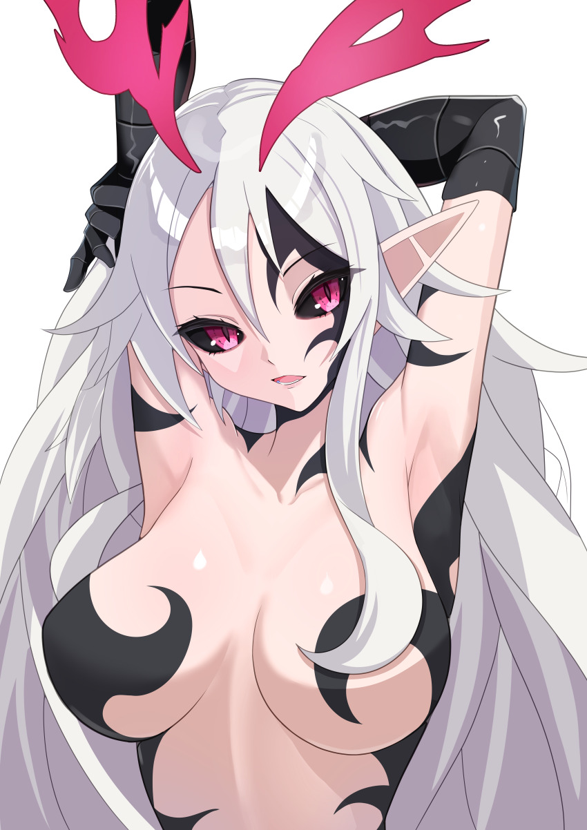 absurdres, alternate_hair_color, arms_behind_head, arms_up, aura, black_sclera, body_markings, breasts