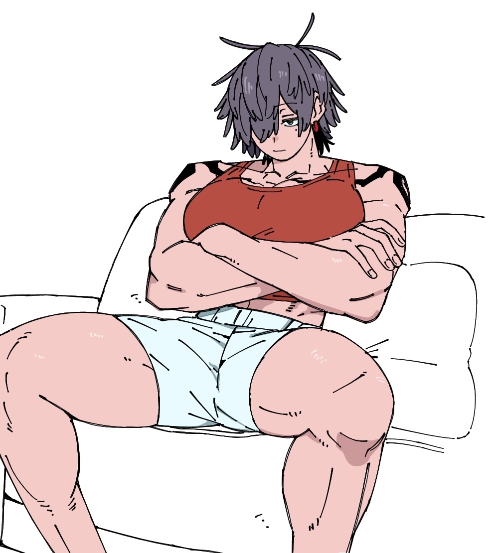 1girl, abs, biceps, breasts, broad_shoulders, brown_hair, closed_mouth, commentary