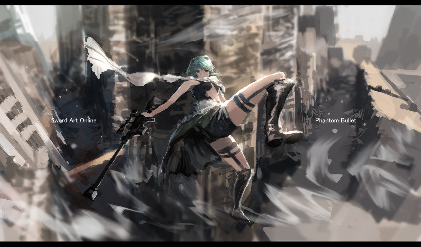1girl, adapted_costume, anti-materiel_rifle, aqua_hair, black_boots, black_shorts, blurry, blurry_background
