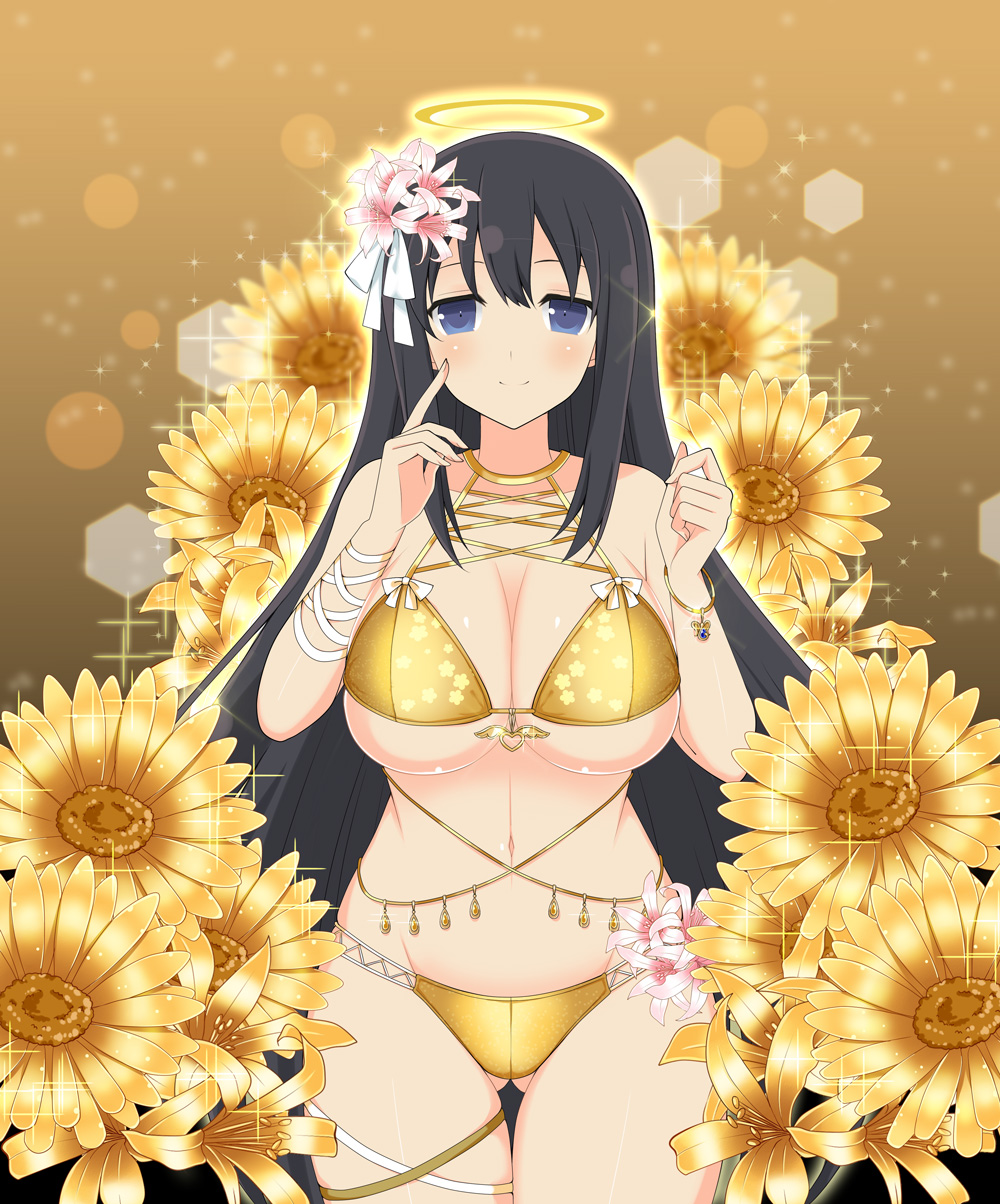 1girl, armpit_crease, belly_chain, bikini, black_hair, blue_eyes, blush, bow