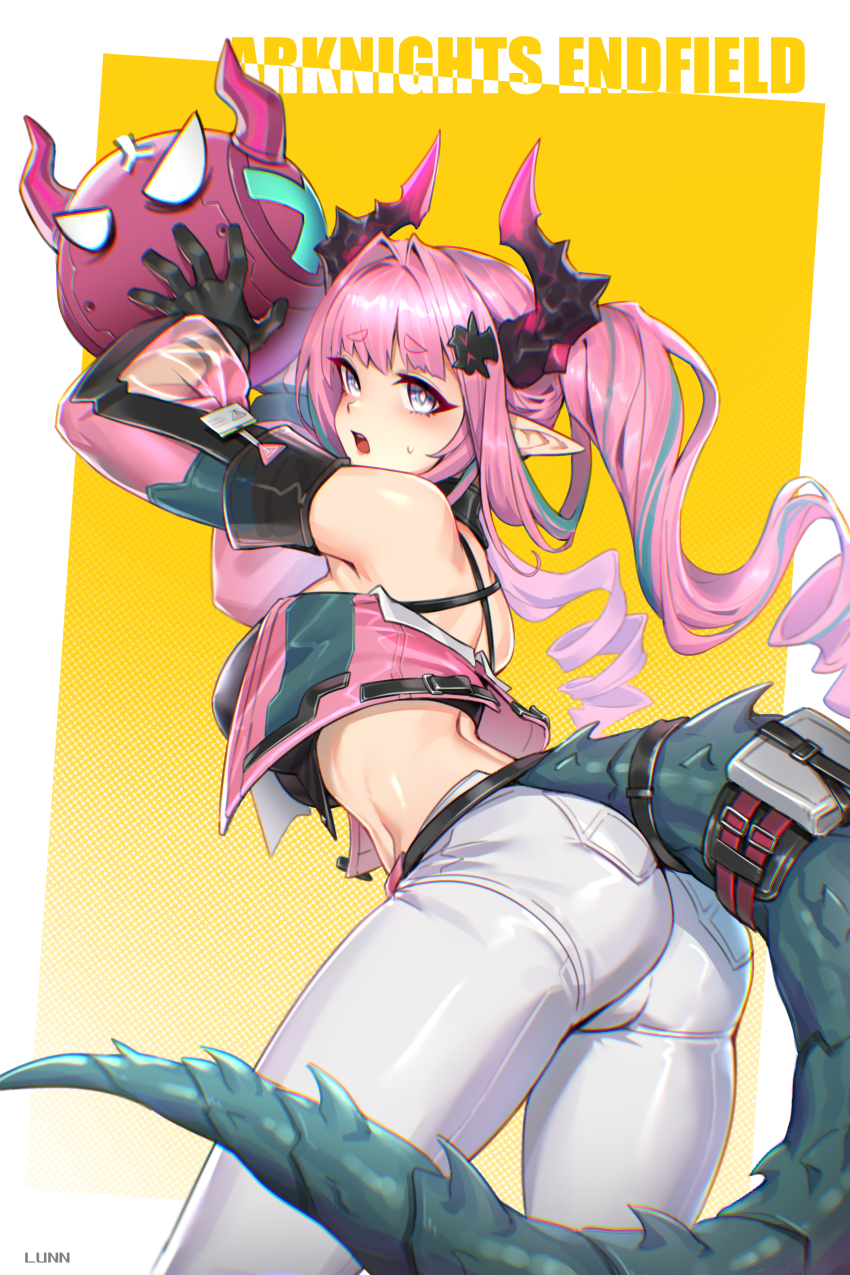 1girl, absurdres, anger_vein, aqua_hair, arknights, arknights:_endfield, ass, back