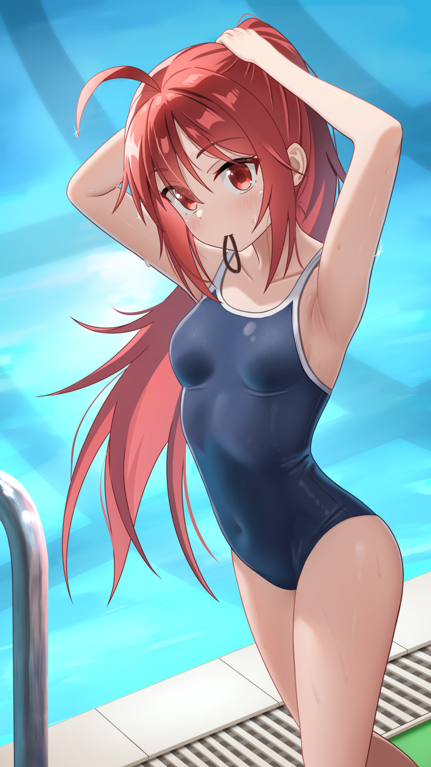 1girl, ahoge, blue_one-piece_swimsuit, commentary_request, competition_school_swimsuit, feet_out_of_frame, hair_tie_in_mouth, highres, holding, holding_own_hair, kdhsheep, long_hair, mouth_hold, one-piece_swimsuit, original, ponytail, pool_ladder, poolside, red_eyes, red_hair, rubber_band, school_swimsuit, solo, standing, swimsuit, water