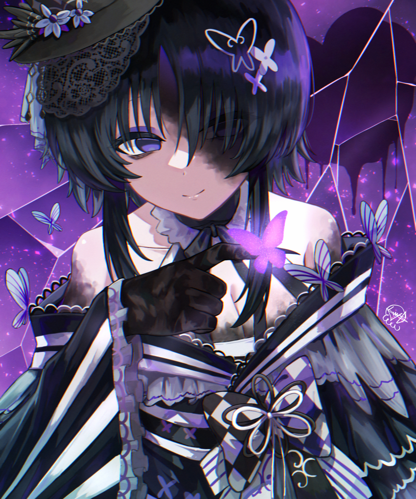 1girl, absurdres, bare_shoulders, black_hair, black_hands, black_hat, black_kimono, bug