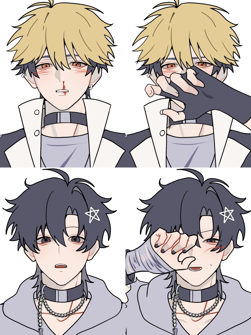 2boys, absurdres, alternate_costume, antenna_hair, black_choker, black_eyes, black_gloves, black_hair