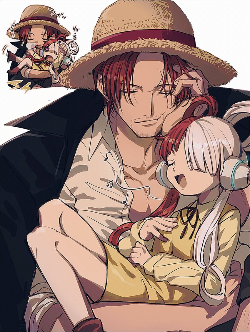 1boy, 1girl, aged_down, beard_stubble, boots, carrying, carrying_person, child