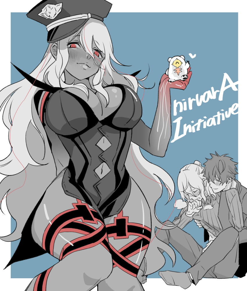 1girl, 2boys, ^_^, absurdres, ai_the_somnium_files, ai_the_somnium_files:_nirvana_initiative, aiba_(ai_the_somnium_files), blue_background