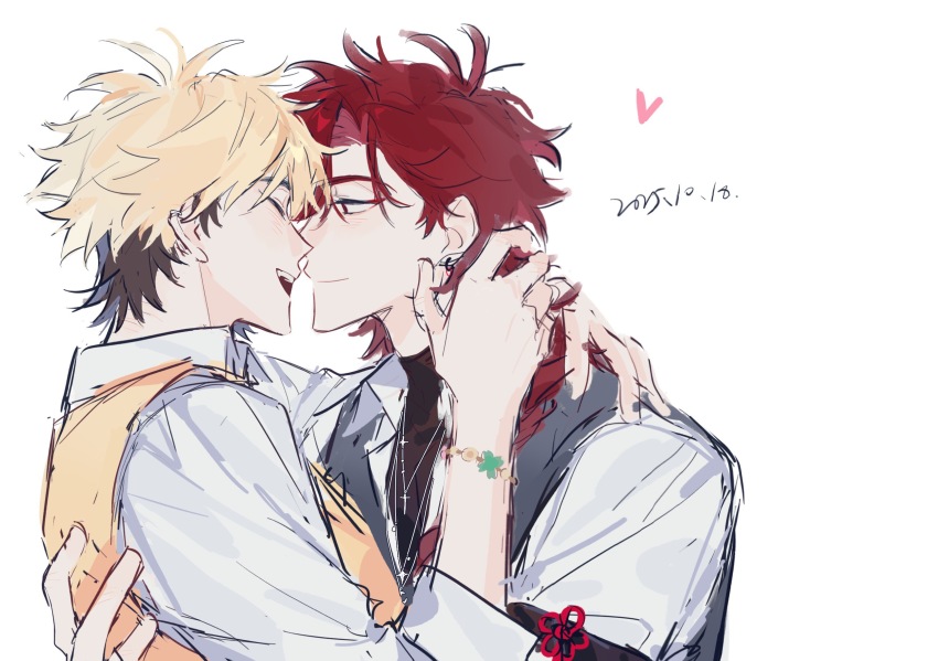 2boys, alternate_costume, antenna_hair, arm_strap, black_hair, black_shirt, blonde_hair, blush