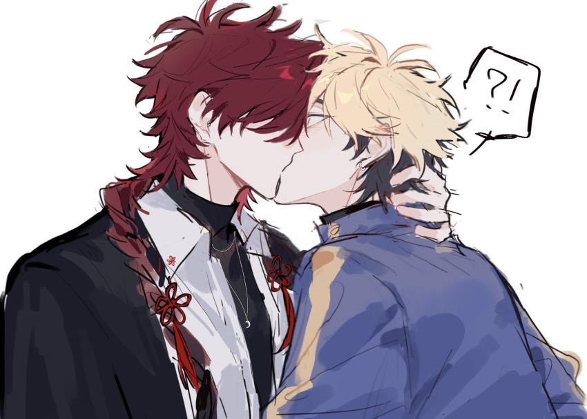 !?, 2boys, antenna_hair, black_coat, black_hair, black_shirt, blonde_hair, blue_jacket