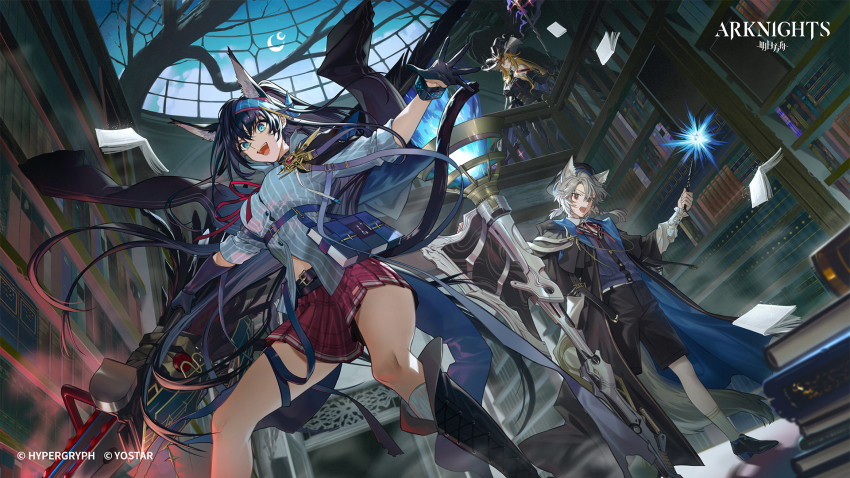 1boy, 2girls, animal_ears, arknights, bassline_(arknights), bassline_(starry_night_sky)_(arknights), black_choker, black_dress, black_gloves, black_hat, black_jacket, blaze_(arknights), blaze_the_igniting_spark_(arknights), blonde_hair, blue_coat, blue_eyes, blue_hair, blue_shirt, blue_shorts, book, book_stack, bookshelf, breasts, cat_ears, chainsaw, choker, coat, commentary, copyright_name, copyright_notice, crescent_moon, degenbrecher_(arknights), degenbrecher_(the_shadow_of_the_dark_moon)_(arknights), dress, english_commentary, feet_out_of_frame, full_body, gloves, goat_ears, goat_girl, goat_horns, grey_hair, half_gloves, hat, highres, holding, holding_chainsaw, holding_shield, holding_wand, horns, indoors, infection_monitor_(arknights), jacket, jacket_on_shoulders, kyo_zip, large_breasts, long_hair, magic, moon, multiple_girls, official_alternate_costume, official_art, pleated_skirt, pouch, railing, red_eyes, red_skirt, second-party_source, shield, shirt, shorts, skirt, socks, striped_clothes, striped_shirt, tail, two-sided_coat, two-sided_fabric, vertical-striped_clothes, vertical-striped_shirt, very_long_hair, wand, white_socks, witch_hat, wolf_boy, wolf_ears, wolf_tail
