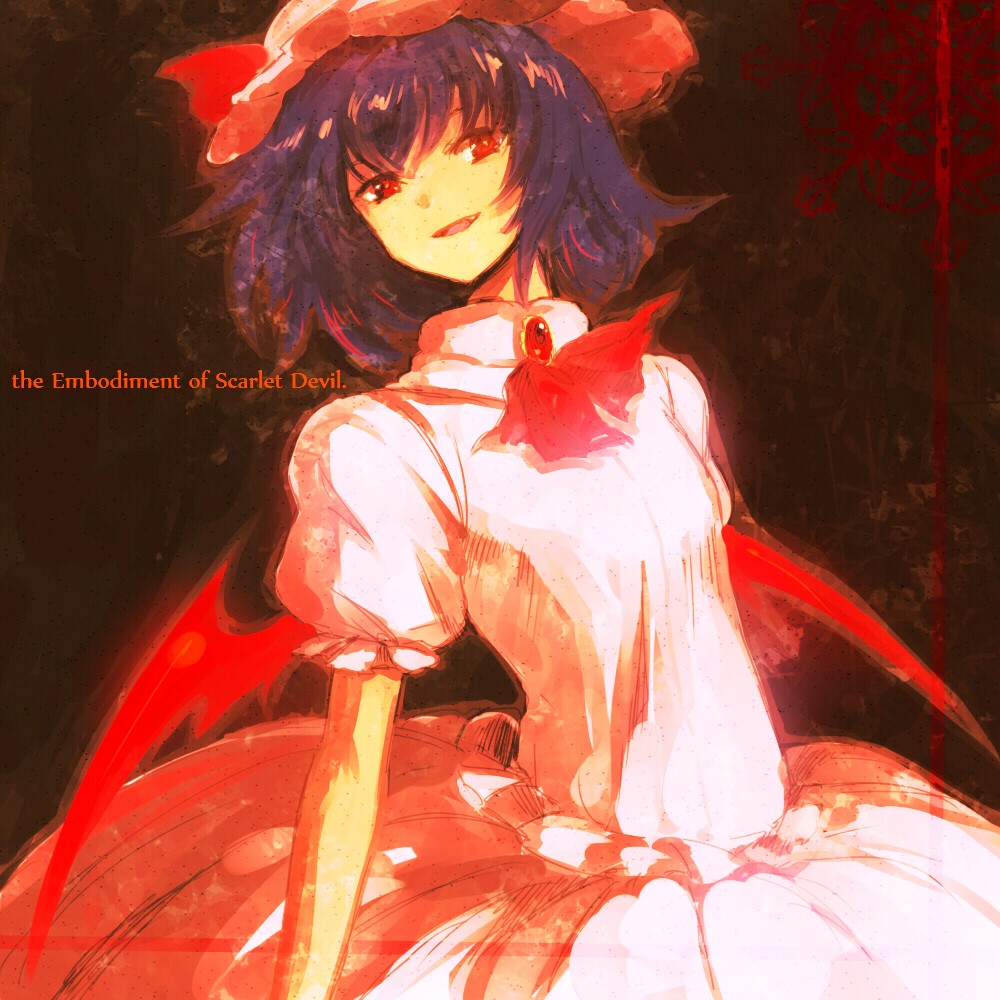 1girl, bat_wings, dress, fang, female_focus, gradient_background, hat, onimaru_gonpei