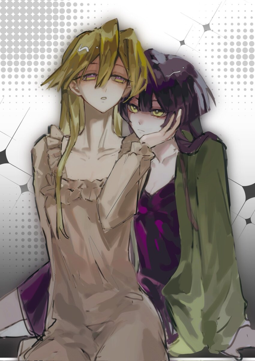 2girls, angou_gakuen_no_iroha, blonde_hair, brown_dress, closed_mouth, commentary_request, commission, dress