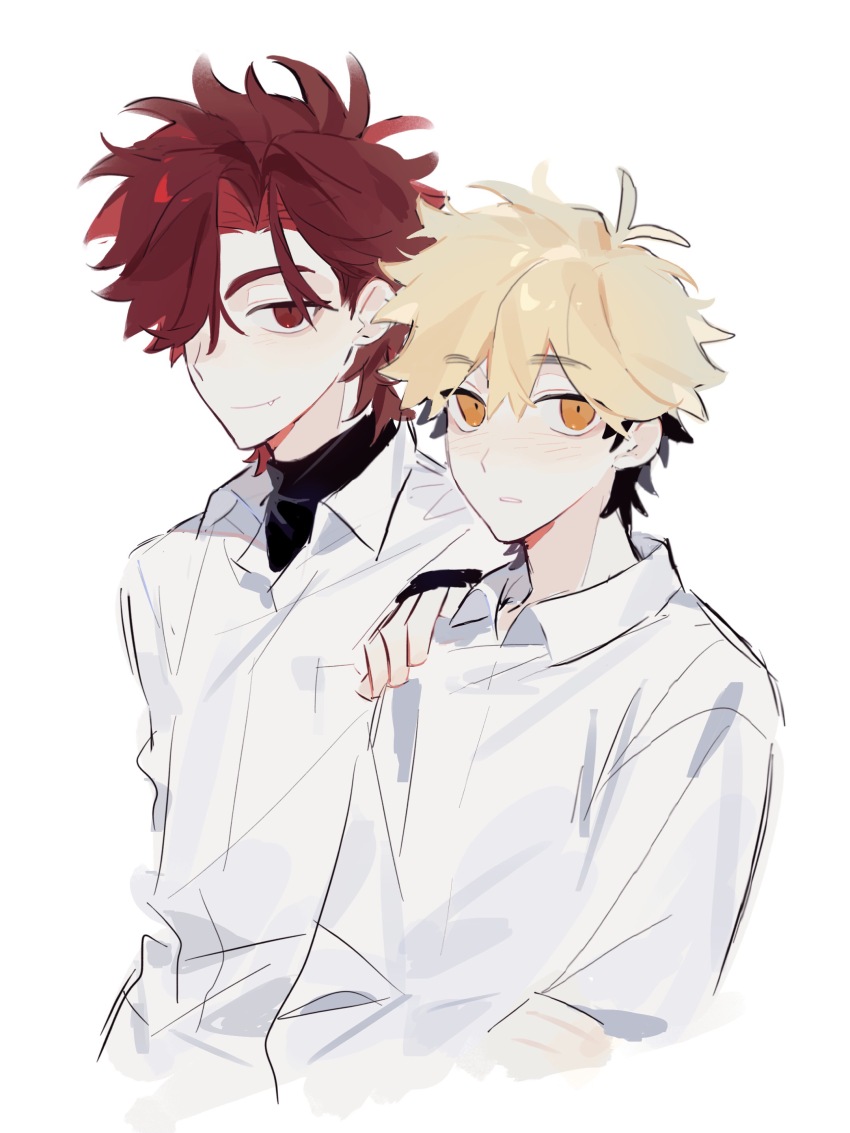 2boys, absurdres, aged_down, antenna_hair, black_hair, black_shirt, blonde_hair, blush