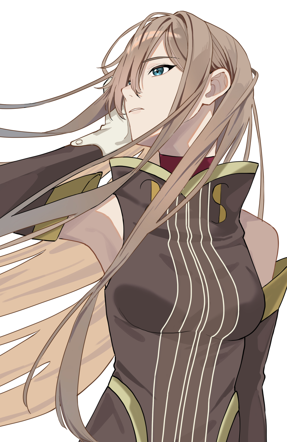 1girl, 55szt, blue_eyes, breasts, brown_hair, commentary_request, detached_sleeves, floating_hair