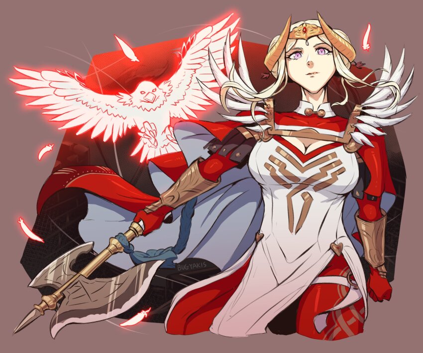 1girl, axe, battle_axe, bird, breasts, bugyakis, cape, cleavage, cleavage_cutout, clothing_cutout, dress, eagle, edelgard_von_hresvelg, edelgard_von_hresvelg_(adrestian_emperor), edelgard_von_hresvelg_(adrestian_emperor)_(resplendent), edelgard_von_hresvelg_(timeskip), fake_horns, feather_trim, fire_emblem, fire_emblem:_three_houses, fire_emblem_heroes, gloves, hair_bun, hair_ornament, headpiece, highres, holding, holding_axe, horned_headwear, horned_tiara, horns, large_breasts, long_hair, looking_at_viewer, nintendo, official_alternate_costume, pantyhose, purple_eyes, red_cape, red_gloves, red_pantyhose, solo, tiara, two-sided_cape, two-sided_fabric, weapon, white_dress, white_hair