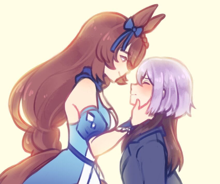 2girls, animal_ears, bare_shoulders, blue_dress, blue_eyes, blue_jacket, blue_scarf, blush, bow, braid, braided_ponytail, breasts, brown_hair, dress, ear_ribbon, from_side, hair_between_eyes, hand_on_another's_cheek, hand_on_another's_face, height_difference, highres, horse_ears, horse_girl, horse_tail, jacket, long_hair, looking_at_another, medium_breasts, multiple_girls, nase_fumino, neapolitanmilk, purple_hair, scarf, short_hair, smile, super_creek_(murmuring_stream)_(umamusume), super_creek_(umamusume), tail, umamusume, umamusume:_cinderella_gray, upper_body, very_long_hair