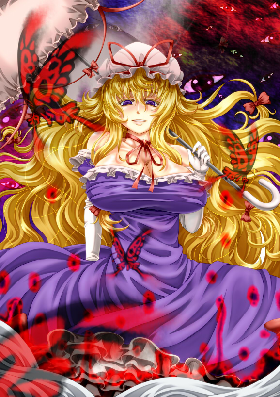 1girl, archienemy, blonde_hair, breasts, bug, butterfly, cleavage, dress, elbow_gloves, female_focus, frills, gloves, hair_ribbon, hat, huge_breasts, long_hair, naughty_face, purple_eyes, ribbon, skirt, solo, touhou, umbrella, white_gloves, yakumo_yukari