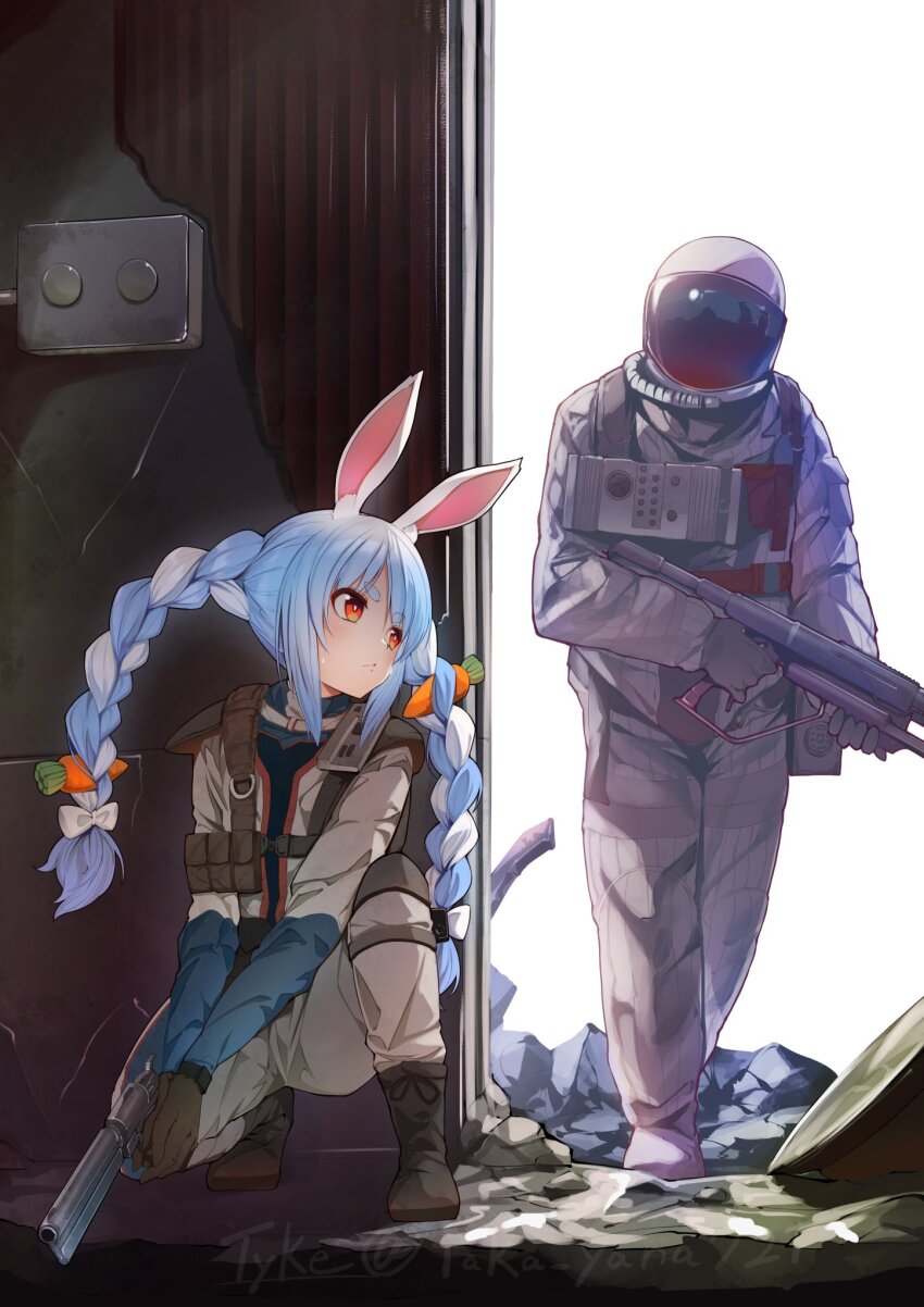1boy, 1girl, against_wall, alternate_costume, animal_ear_fluff, animal_ears, arc_raiders, around_corner