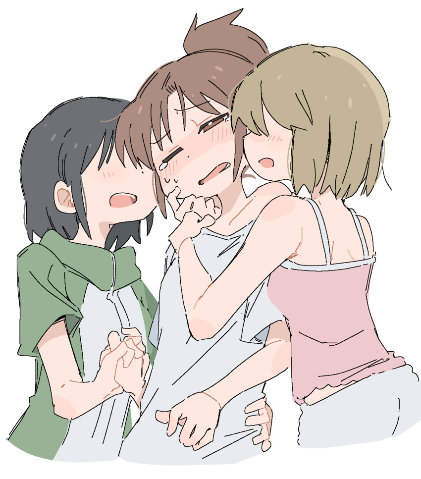 3girls, ass, back, black_hair, blonde_hair, blush, breasts, bright_pupils