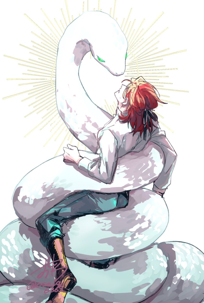 1boy, animal, black_ribbon, blue_pants, boots, cale_henituse, closed_eyes, facing_up