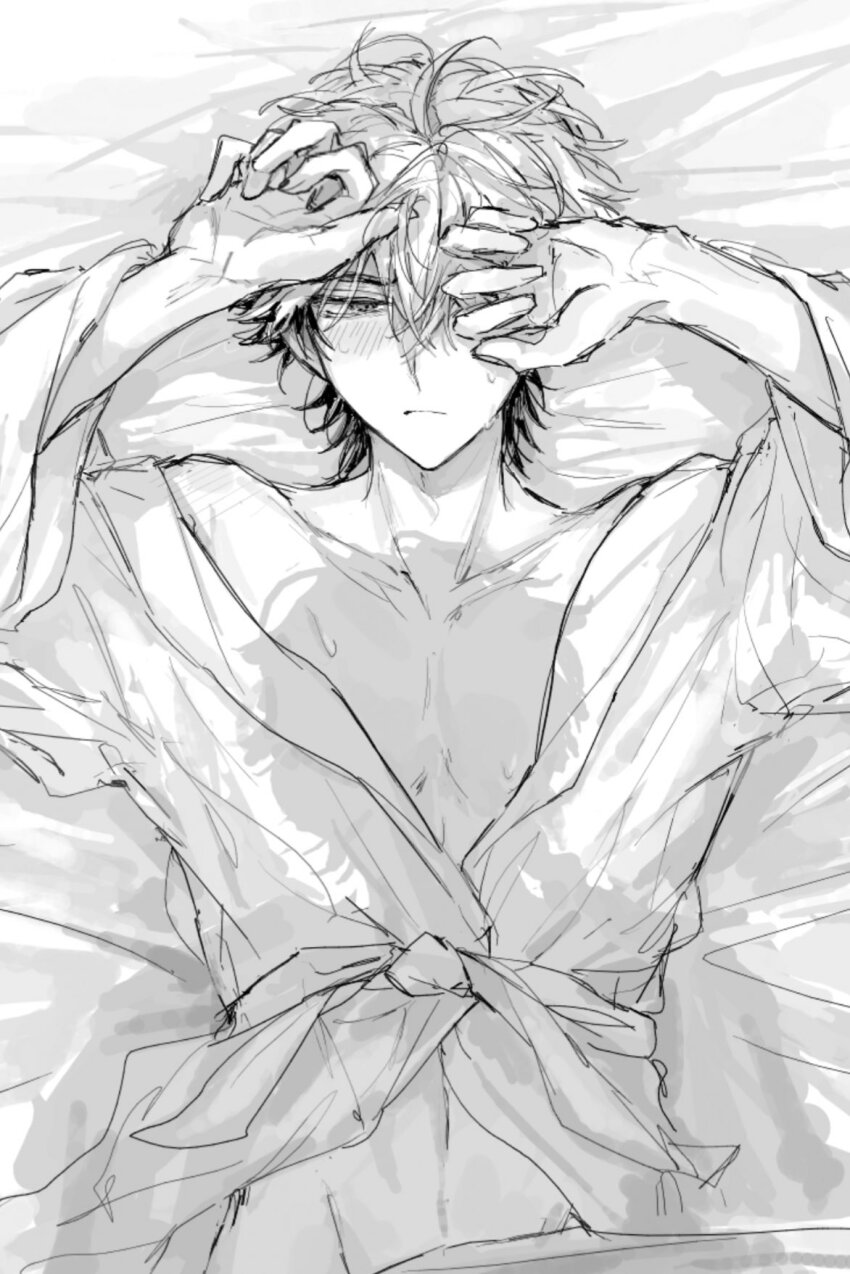 2boys, arms_up, bathrobe, bed_sheet, blush, closed_mouth, covering_one_eye, greyscale