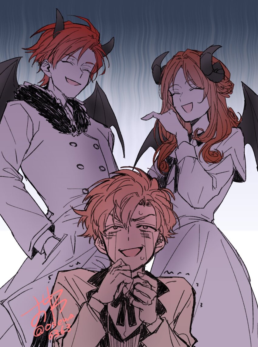 1girl, 2boys, brown_hair, cale_henituse, closed_eyes, coat, crying, crying_with_eyes_open, demon_boy, demon_girl, demon_horns, demon_wings, dress, fur_trim, highres, horns, laughing, long_hair, long_sleeves, lout_of_count's_family, mother_and_child, mother_and_son, multiple_boys, ojou-sama_pose, open_mouth, orange_hair, osewa6363, parent_and_child, pen_(lout_of_count's_family), red_hair, rosalyn_(lout_of_count's_family), short_hair, siblings, smile, tears, trembling, wings