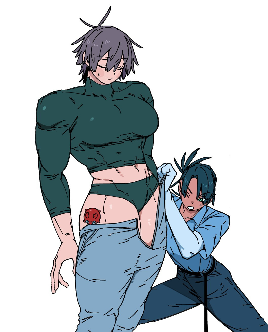 2girls, abs, belt, biceps, black_belt, black_hair, black_panties, black_shirt