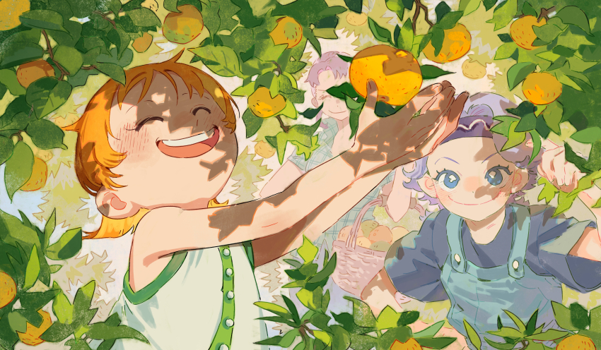 3girls, absurdres, adoptive_parent_and_adoptive_child, adoptive_siblings, aged_down, bare_arms, bare_shoulders, basket