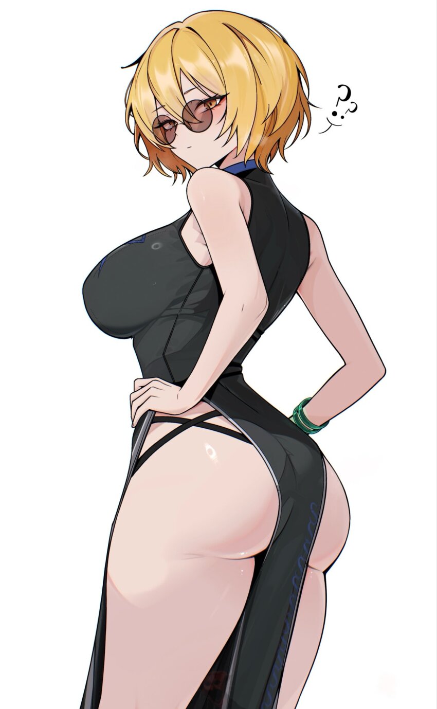 1girl, ?, ??, ass, black_dress, blonde_hair, bracelet, breasts