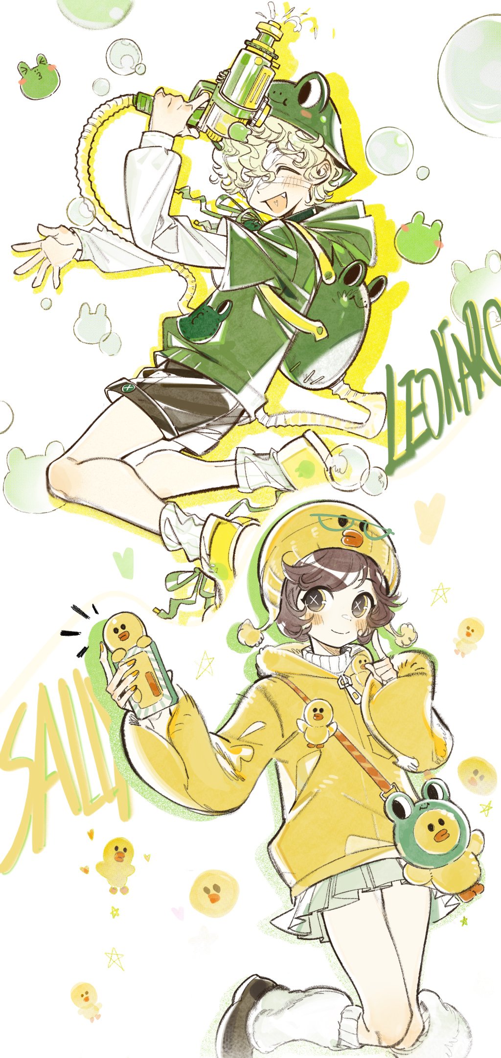 1boy, 1girl, :d, ^_^, backpack, bag, bird, black_eyes