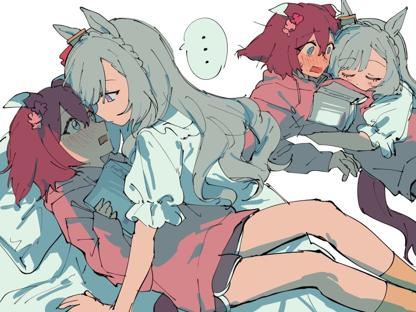 ..., 2girls, absurdres, animal_ears, baryumejuya, black_shorts, blush, book