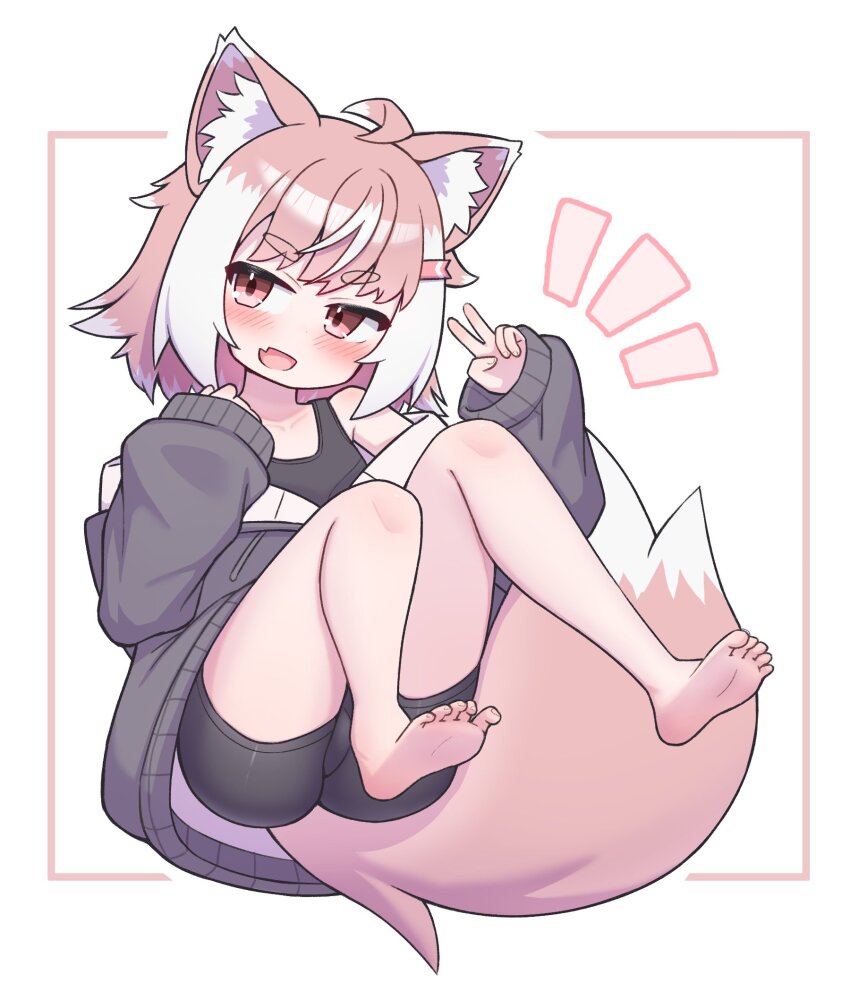 1girl, ahoge, animal_ear_fluff, animal_ears, barefoot, blush, fang, flat_chest