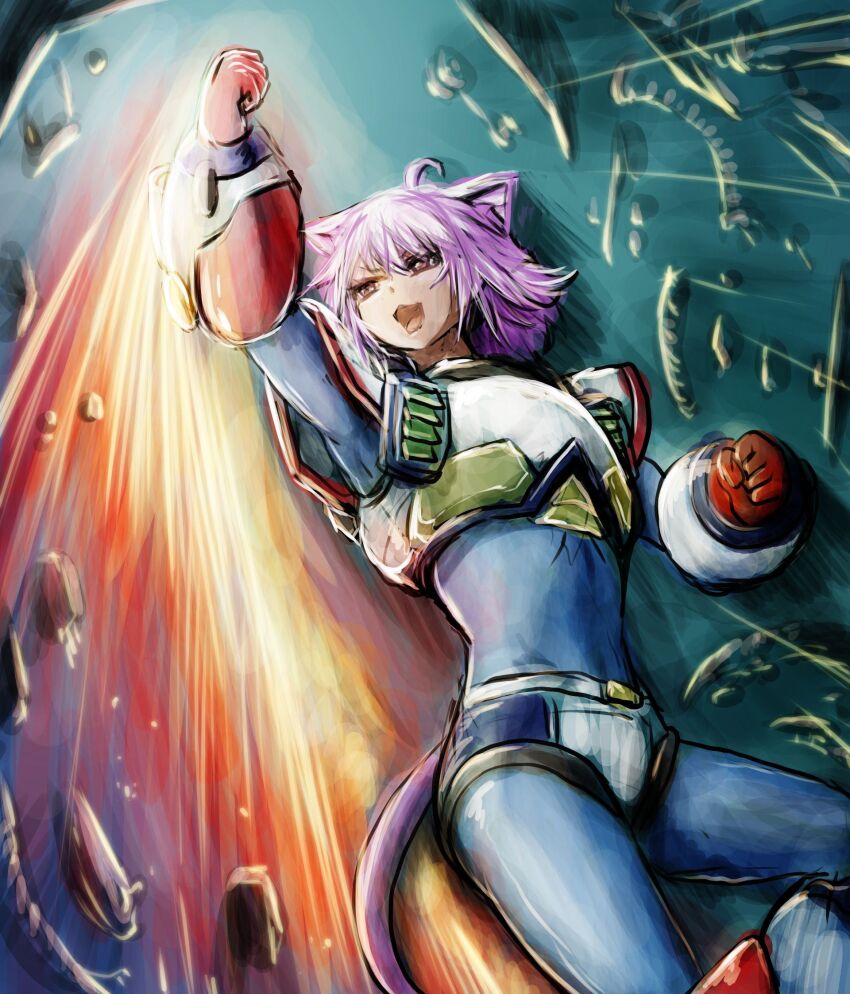 1girl, ahoge, alternate_costume, animal_ear_fluff, animal_ears, blue_bodysuit, bodysuit, cat_ears