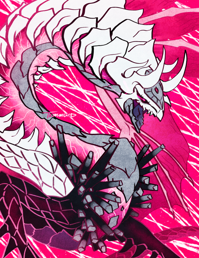 1boy, armor, crystal, dragon, dragon_boy, dragon_horns, fang, fire_emblem, fire_emblem_engage, glowing_veins, hood, horns, male_focus, monster, nintendo, open_mouth, pink_background, pink_wings, rafal_(fire_emblem), scales, snake, solo, spikes, third_eye, trunswicked, wings
