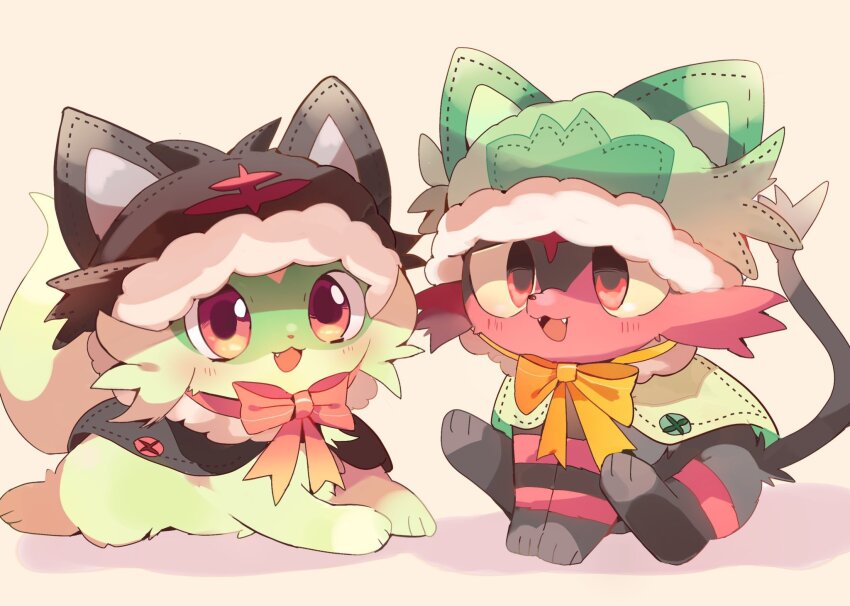 animal_focus, blush, cat, clothed_pokemon, colored_sclera, commentary_request, cosplay, fangs