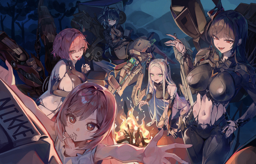 +_+, 5girls, :d, above-cleavage_cutout, absurdres, armor, bahamut_(nikke), bare_shoulders, behemoth_(nikke), belt, bikini, black_armor, black_bikini, black_bodysuit, black_boots, black_gloves, black_hair, black_horns, black_jacket, black_liquid, black_nails, black_necktie, black_sleeves, blunt_bangs, blush, bodystocking, bodysuit, bokk_eouh, bonfire, boobplate, book, boots, breastplate, breasts, brown_hair, chest_belt, closed_mouth, clothing_cutout, commentary, cropped_jacket, crossed_legs, detached_sleeves, dress, ear_piercing, earclip, elbow_gloves, fish_skeleton, flat_chest, forehead, four_beasts_(nikke), full_body, glasses, gloves, goddess_of_victory:_nikke, green_eyes, grey_hair, hair_between_eyes, hair_intakes, hair_over_one_eye, hand_on_own_hip, hand_up, highres, holding, holding_book, horns, jacket, kneeling, large_breasts, latex, latex_bikini, leviathan_(nikke), liquid_clothes, long_hair, long_sleeves, looking_at_viewer, medium_breasts, midriff, multicolored_hair, multiple_girls, navel, necktie, night, o-ring, o-ring_belt, o-ring_strap, one_side_up, only_one_(nikke), open_clothes, open_jacket, open_mouth, outdoors, outstretched_arms, parted_bangs, piercing, pink_hair, ponytail, pubic_tattoo, red_eyes, rigging, see-through_cleavage, see-through_clothes, sharp_teeth, short_hair, sideboob, sidelocks, single_horn, sitting, sleeveless, sleeveless_dress, smile, standing, stomach, swimsuit, tattoo, teeth, thigh_boots, turtleneck, two-tone_hair, very_long_hair, white_dress, ziz_(nikke)