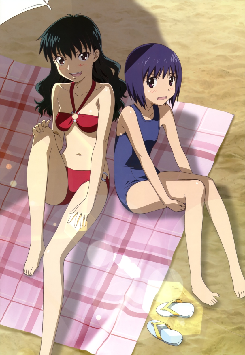 >:d, 2girls, :d, absurdres, barefoot, beach, bikini, black_hair, blue_hair, blush, embarrassed, feet, halterneck, highres, hyuuga_mahiru, kamisama_dolls, kuga_utao, lens_flare, long_hair, morita_kazuaki, multiple_girls, navel, nyantype, o-ring, o-ring_bottom, o-ring_top, official_art, one-piece_swimsuit, open_mouth, plaid_towel, sandals, scan, school_swimsuit, short_hair, sitting, smile, smirk, surprised, swimsuit, toes, towel, unworn_sandals, v-shaped_eyebrows