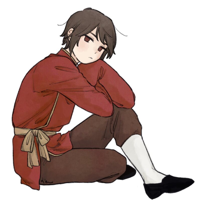 1boy, axis_powers_hetalia, baggy_pants, belt, black_shoes, blush, bow, brown_eyes, brown_hair, brown_pants, chinese_clothes, closed_mouth, commentary_request, from_side, full_body, half-closed_eyes, highres, hong_kong_(hetalia), long_sleeves, male_focus, mandarin_collar, mi_aph_to, no_pupils, pants, red_shirt, shirt, shoes, short_hair, simple_background, sitting, socks, solo, white_background, white_socks, wide_sleeves, yellow_belt, yellow_bow