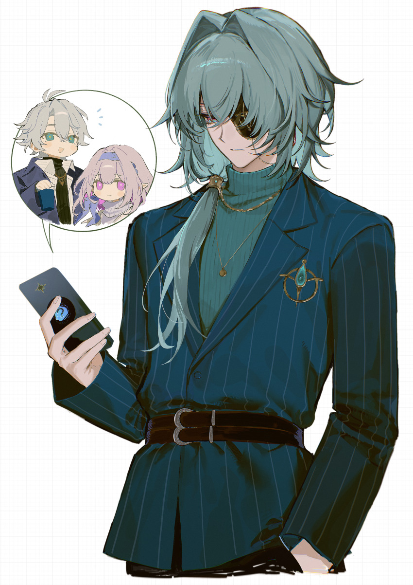 1boy, absurdres, anaxa_(honkai:_star_rail), anaxa_(world_tour_2025)_(honkai:_star_rail), belt, castorice_(honkai:_star_rail), castorice_(luckin_coffee)_(honkai:_star_rail), cellphone