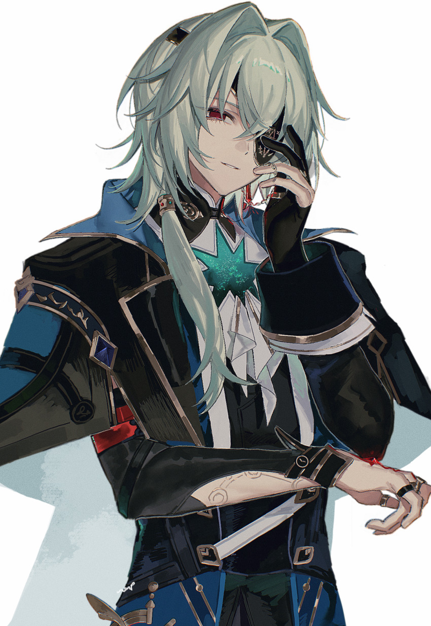 1boy, anaxa_(honkai:_star_rail), aqua_hair, ascot, black_gloves, black_jacket, chain, commentary